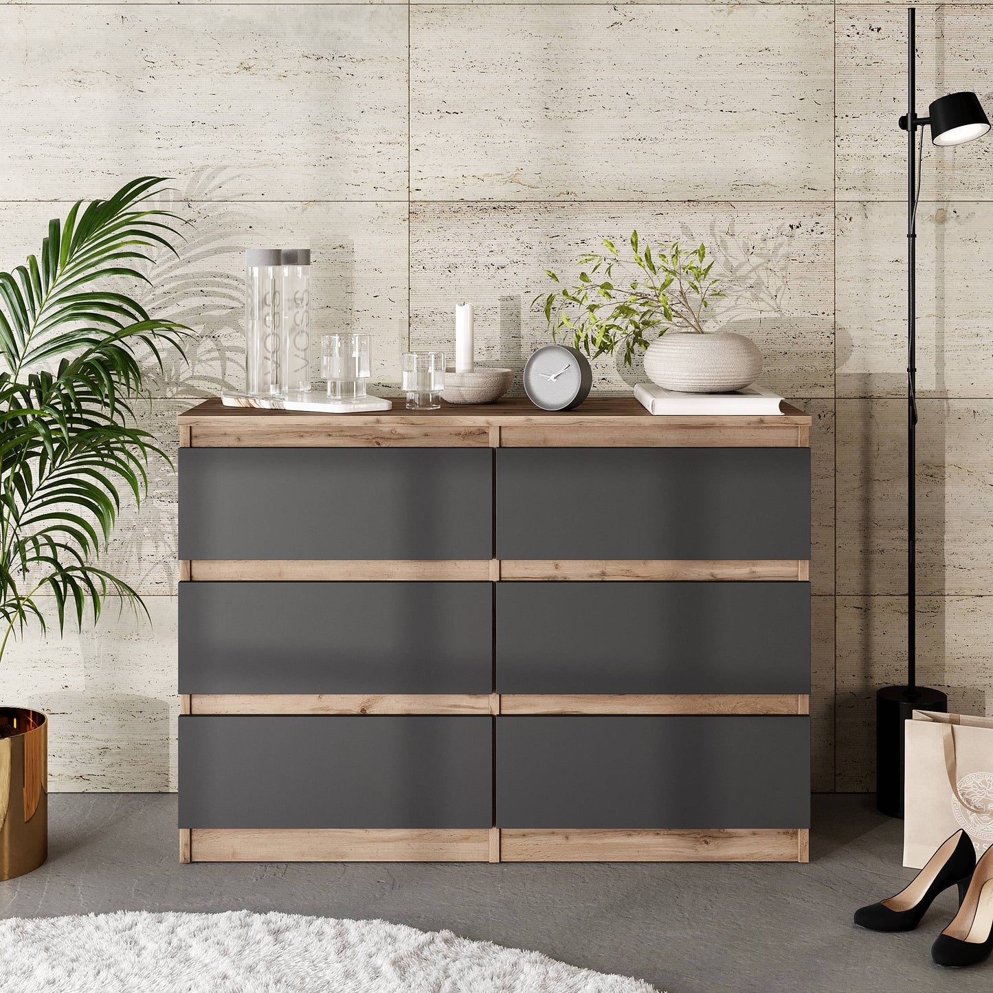 GABRIEL - Kommode / Sideboard mit 6 Schubladen - Wotan Eiche / Anthrazit H71cm B100cm TD33cm