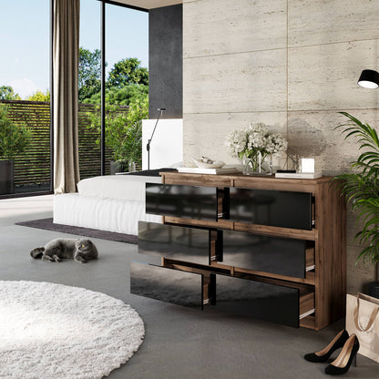 GABRIEL - Kommode / Sideboard mit 6 Schubladen - Wotan Eiche / Schwarz Gloss H71cm B100cm TD33cm