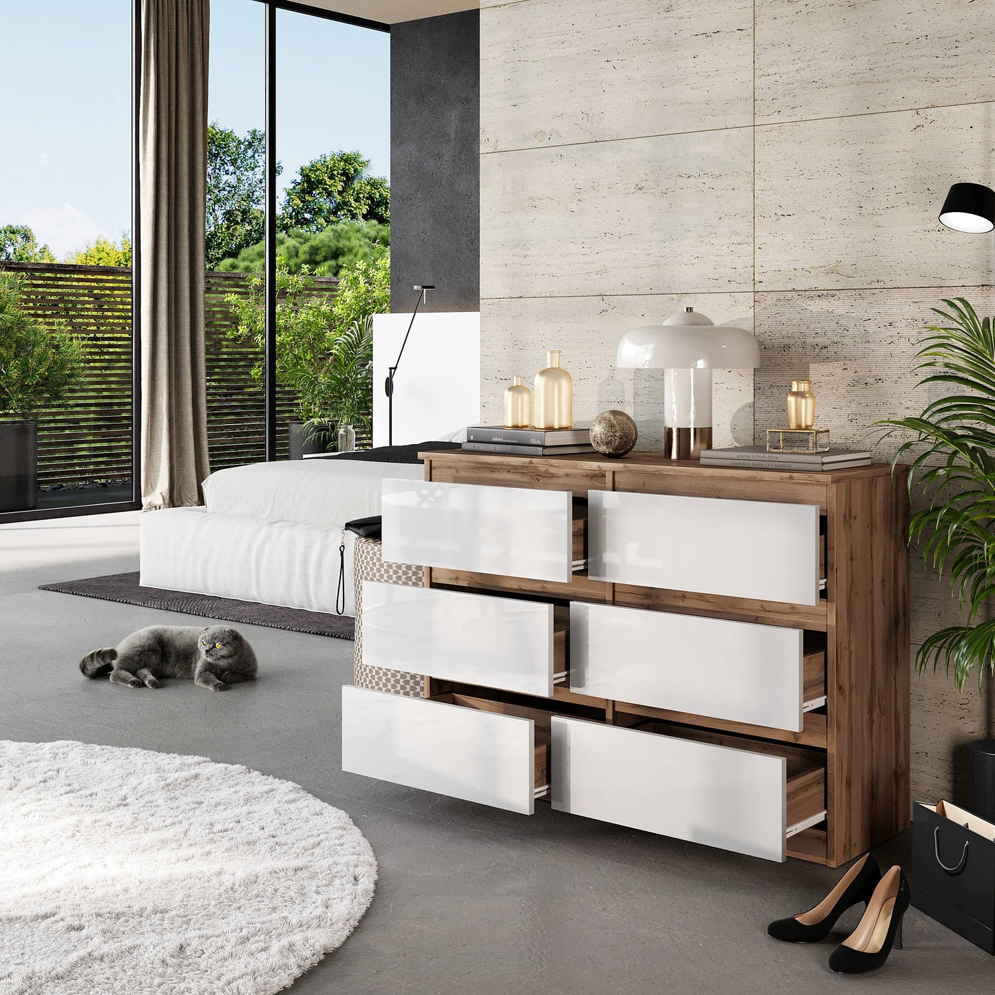 GABRIEL - Kommode / Sideboard mit 6 Schubladen - Wotan Eiche / Weiß Gloss H71cm B100cm TD33cm