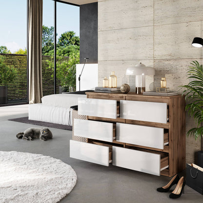 GABRIEL - Kommode / Sideboard mit 6 Schubladen - Wotan Eiche / Weiß Gloss H71cm B100cm TD33cm
