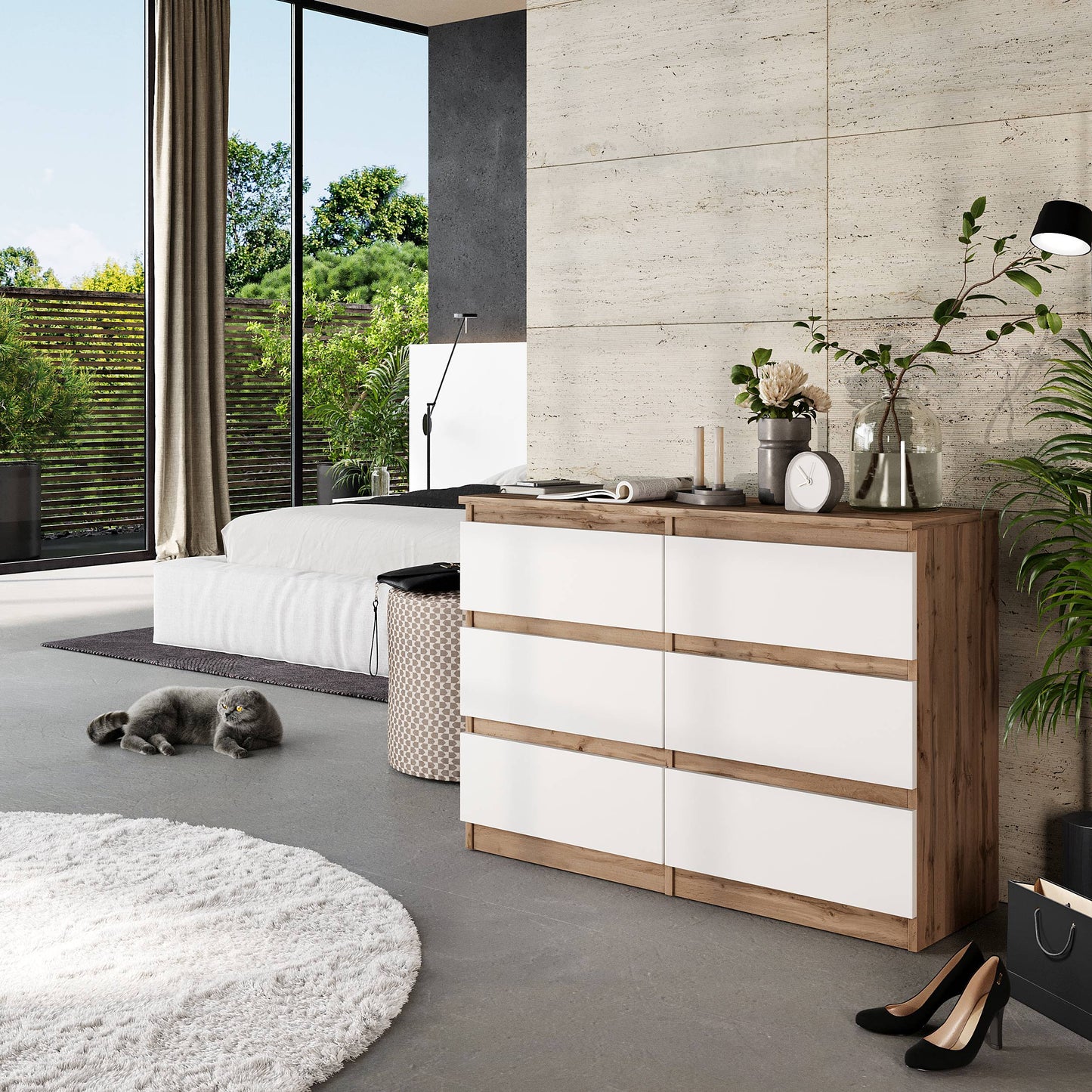 GABRIEL - Kommode / Sideboard mit 6 Schubladen - Wotan Eiche / Weiß Matt H71cm B100cm TD33cm