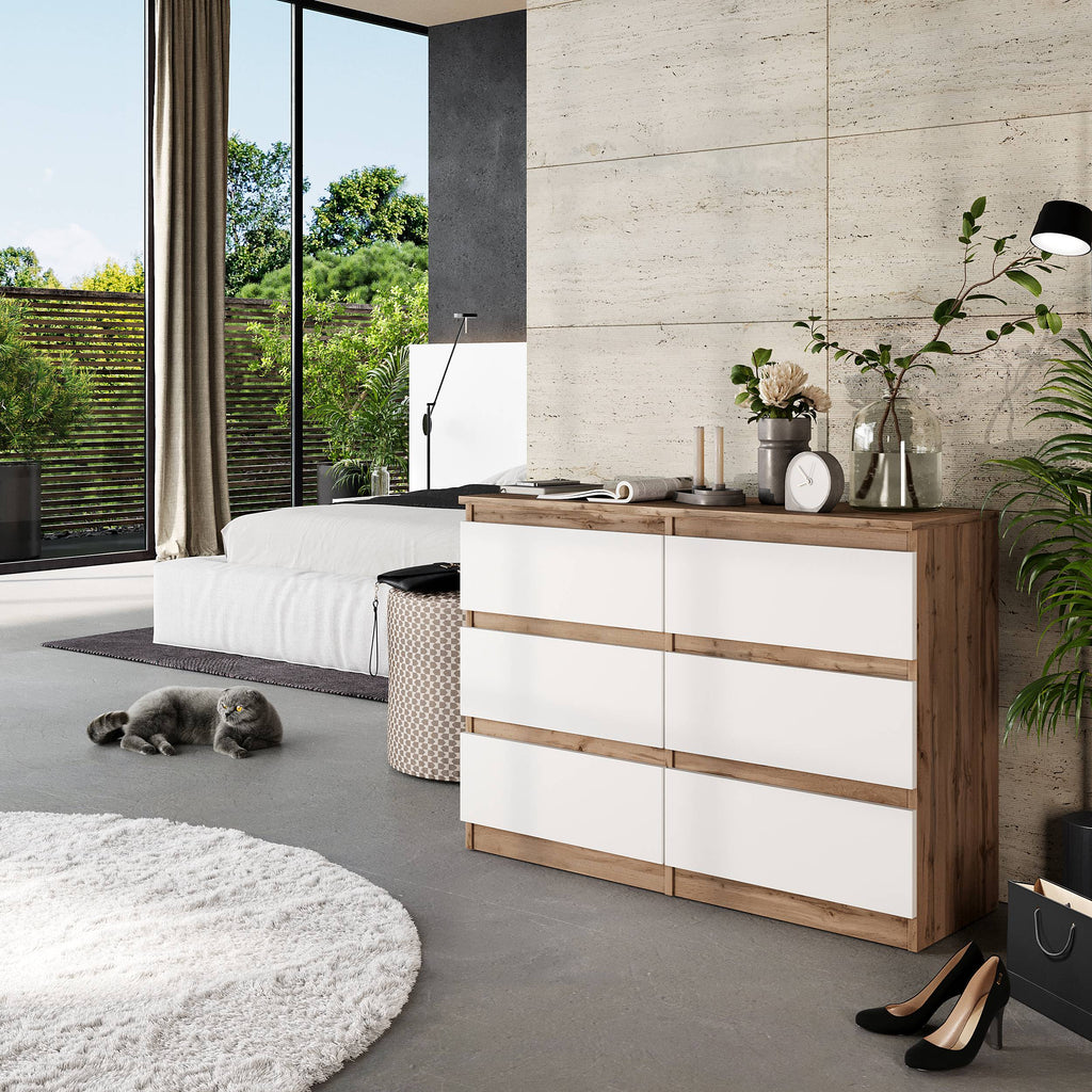 GABRIEL - Kommode / Sideboard mit 6 Schubladen - Wotan Eiche / Weiß Matt H71cm B100cm TD33cm