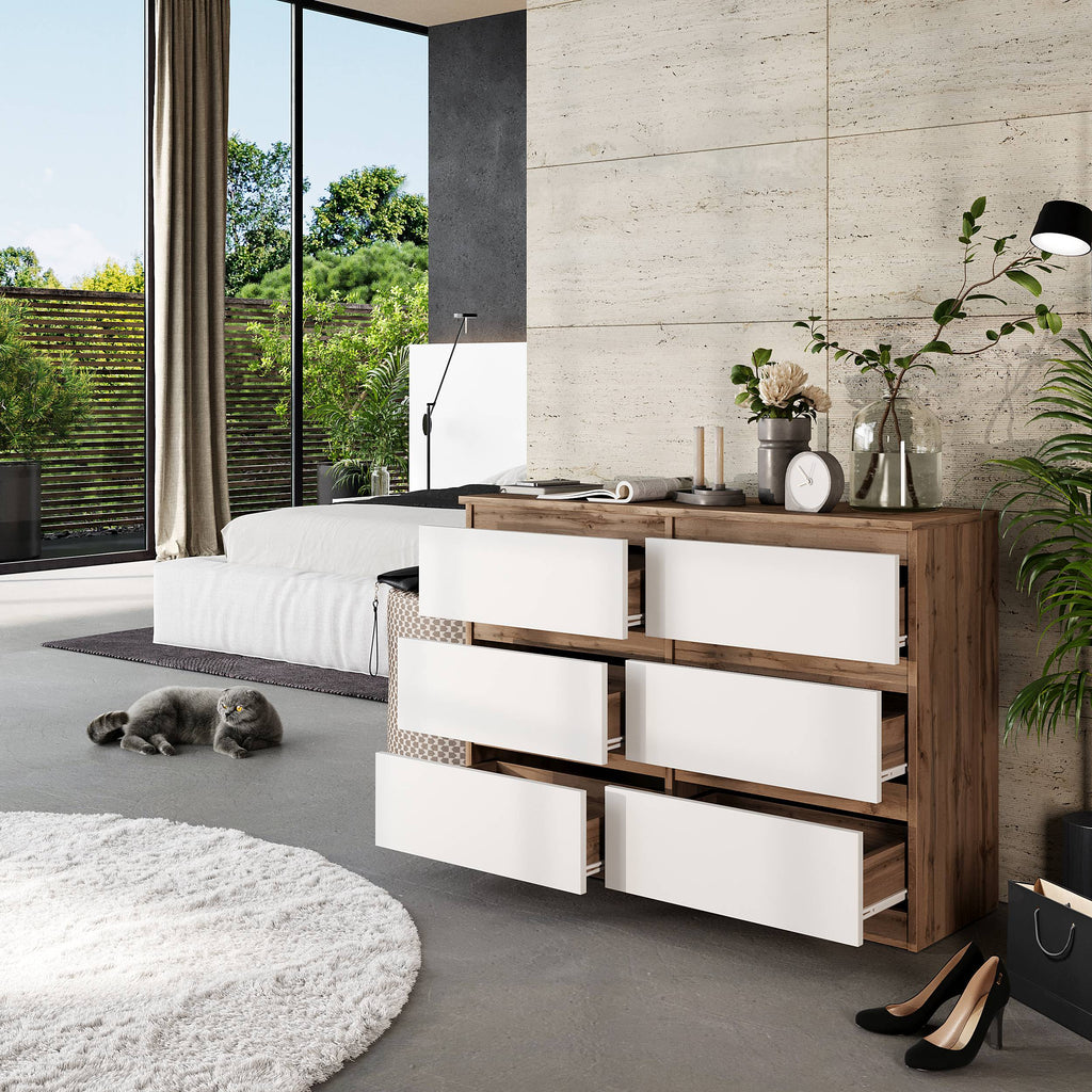 GABRIEL - Kommode / Sideboard mit 6 Schubladen - Wotan Eiche / Weiß Matt H71cm B100cm TD33cm
