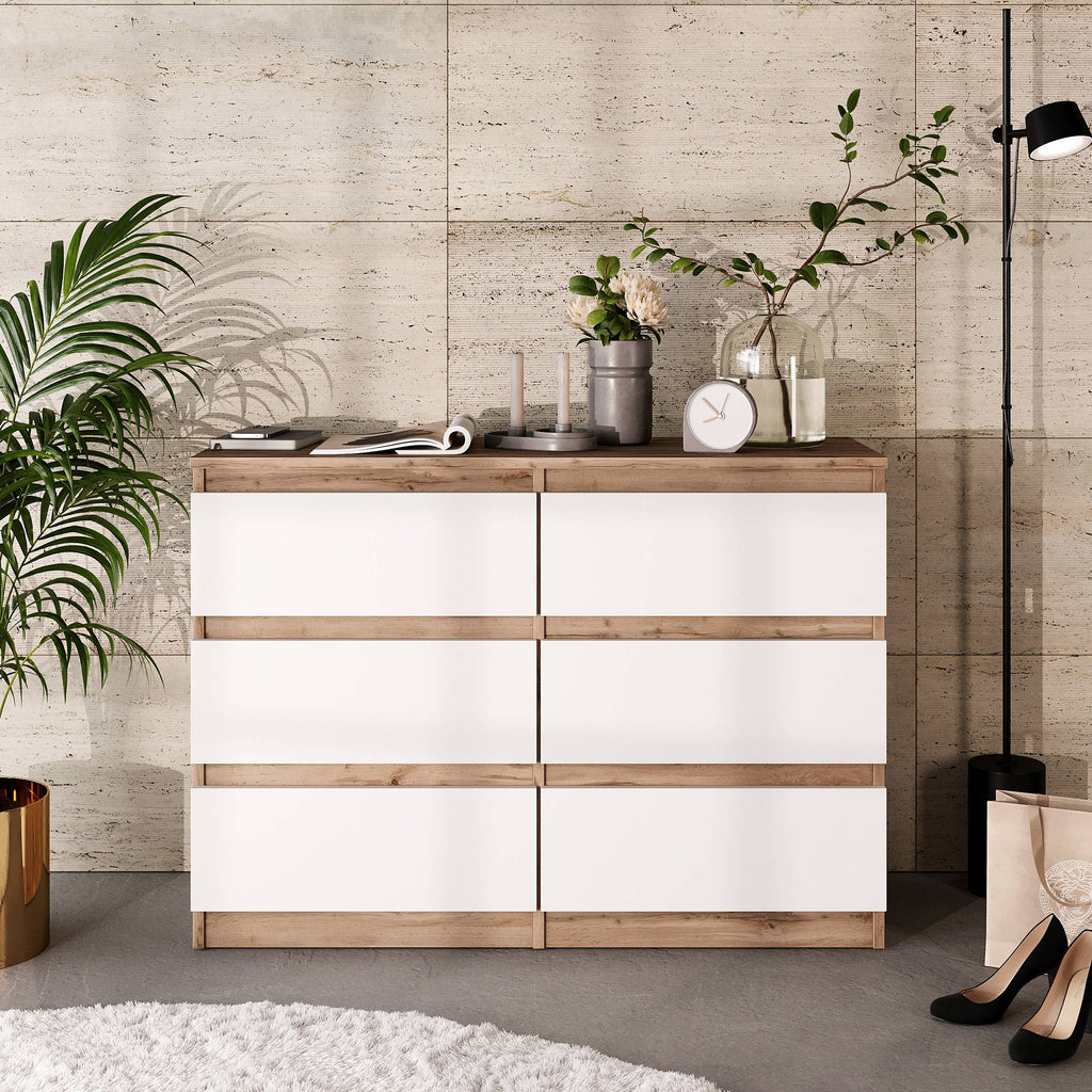 GABRIEL - Kommode / Sideboard mit 6 Schubladen - Wotan Eiche / Weiß Matt H71cm B100cm TD33cm