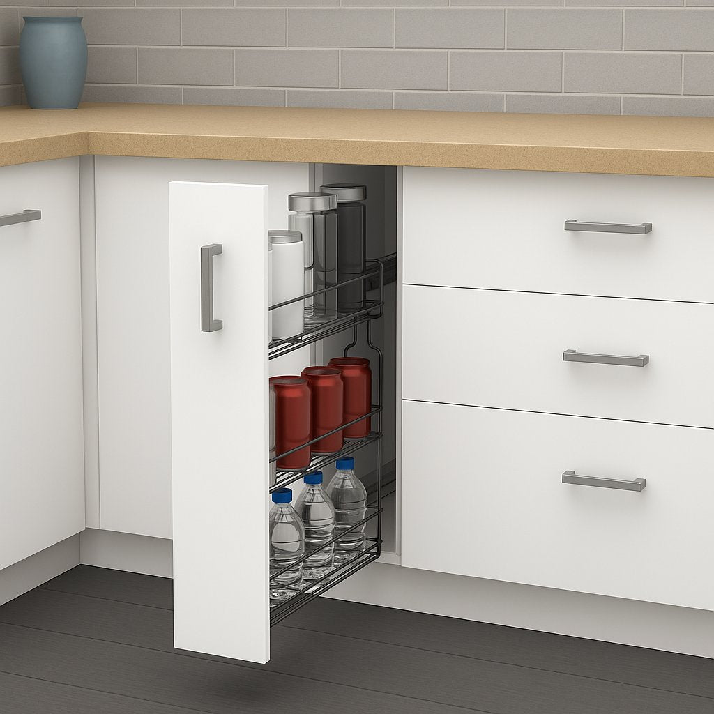 Apothekerauszug 15 cm – 3 Einlegeböden, Chrom– Schmaler Küchenschrank Auszug