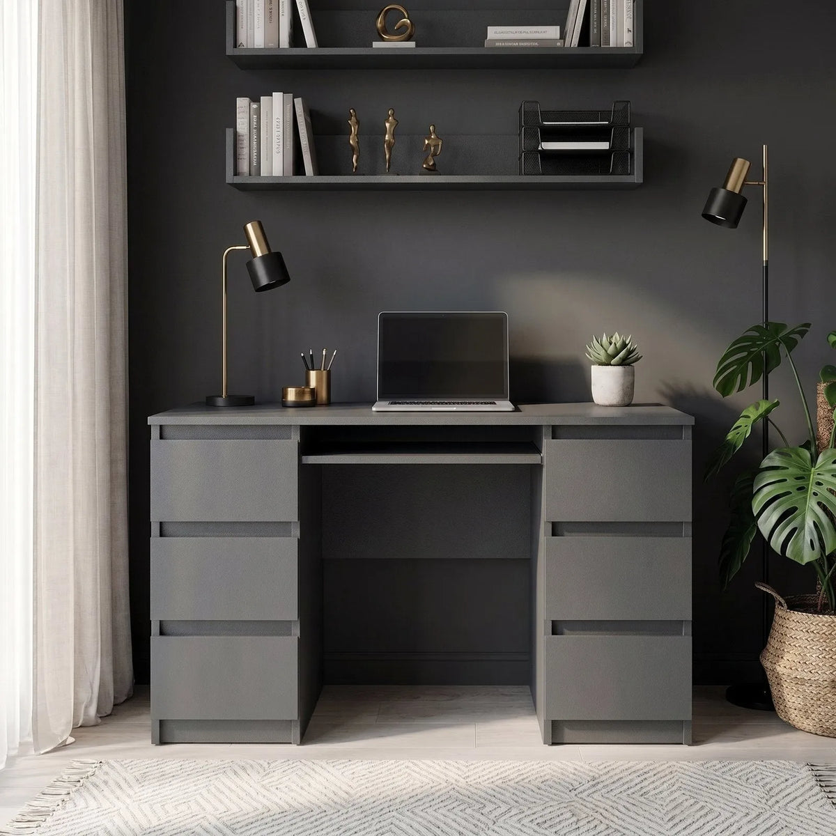 CUBA - Schreibtisch mit 6 Schubladen und Tastaturablage 130cm - Anthrazit Grau – Furnica