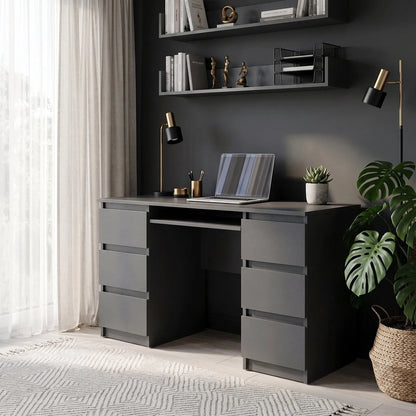 CUBA - Schreibtisch mit 6 Schubladen und Tastaturablage 130cm - Anthrazit Grau – Furnica