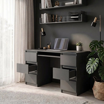 CUBA - Schreibtisch mit 6 Schubladen und Tastaturablage 130cm - Anthrazit Grau – Furnica