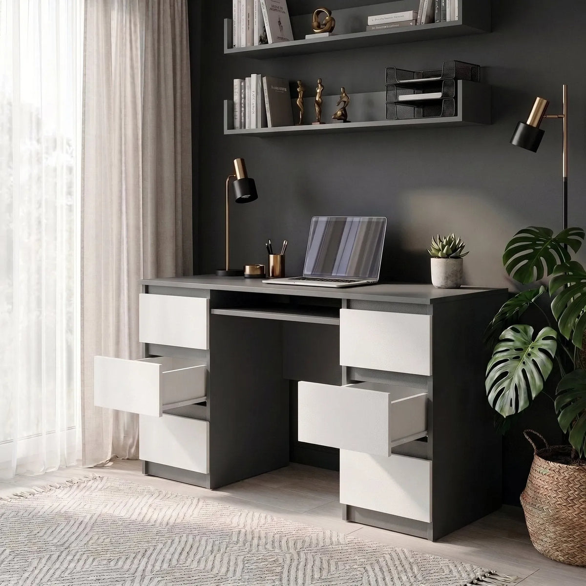 CUBA - Schreibtisch mit 6 Schubladen und Tastaturablage 130cm - Anthrazit Grau / Weiß Matt – Furnica