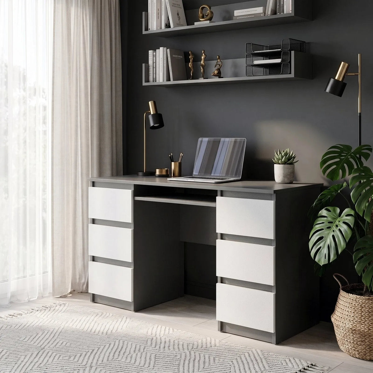 CUBA - Schreibtisch mit 6 Schubladen und Tastaturablage 130cm - Anthrazit Grau / Weiß Matt – Furnica