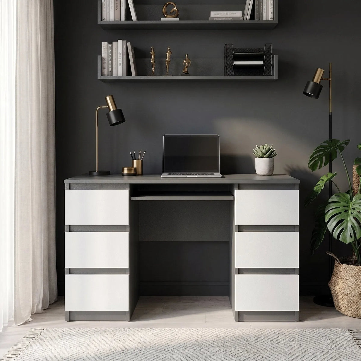CUBA - Schreibtisch mit 6 Schubladen und Tastaturablage 130cm - Anthrazit Grau / Weiß Matt – Furnica