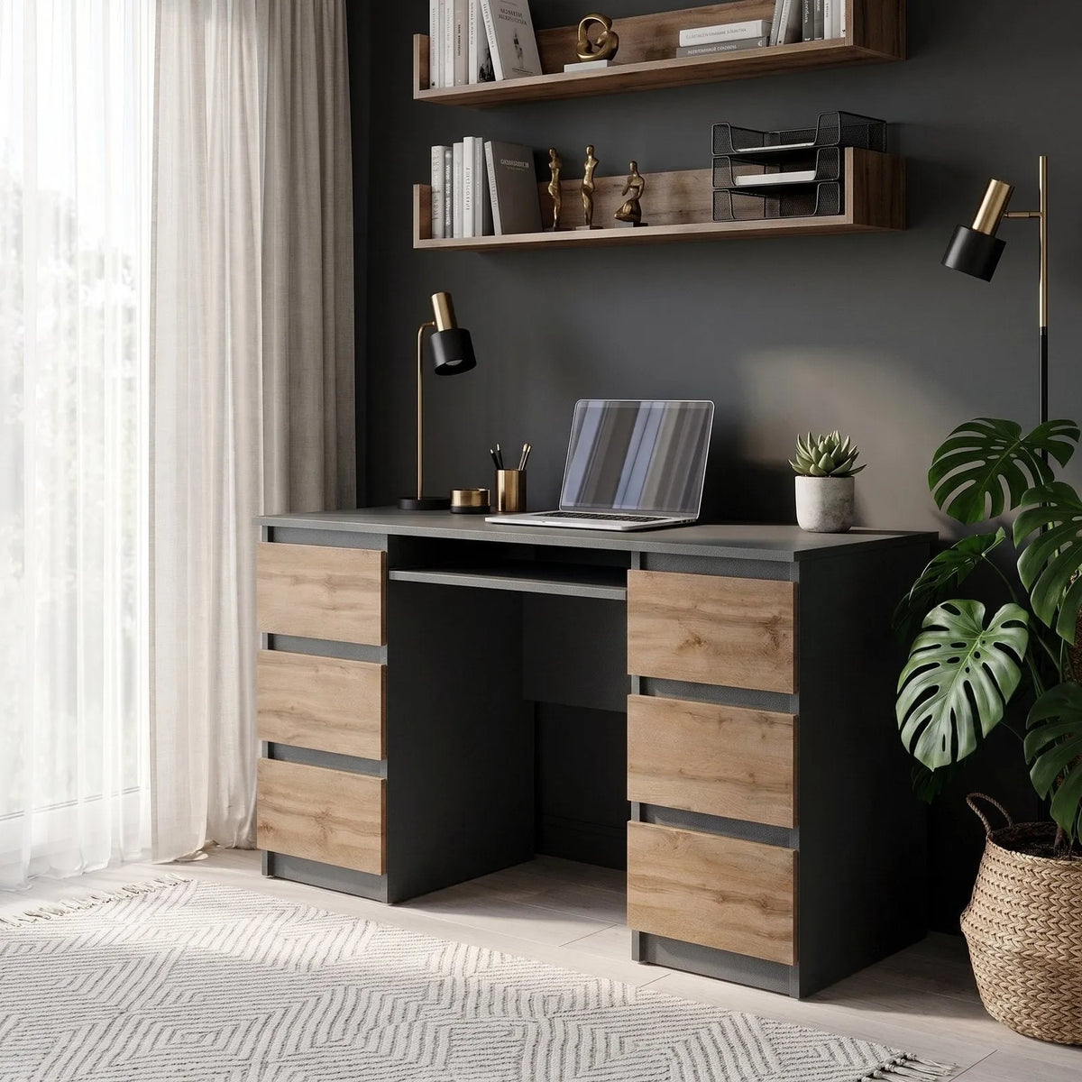 CUBA - Schreibtisch mit 6 Schubladen und Tastaturablage 130cm - Anthrazit Grau / Wotan Eiche – Furnica