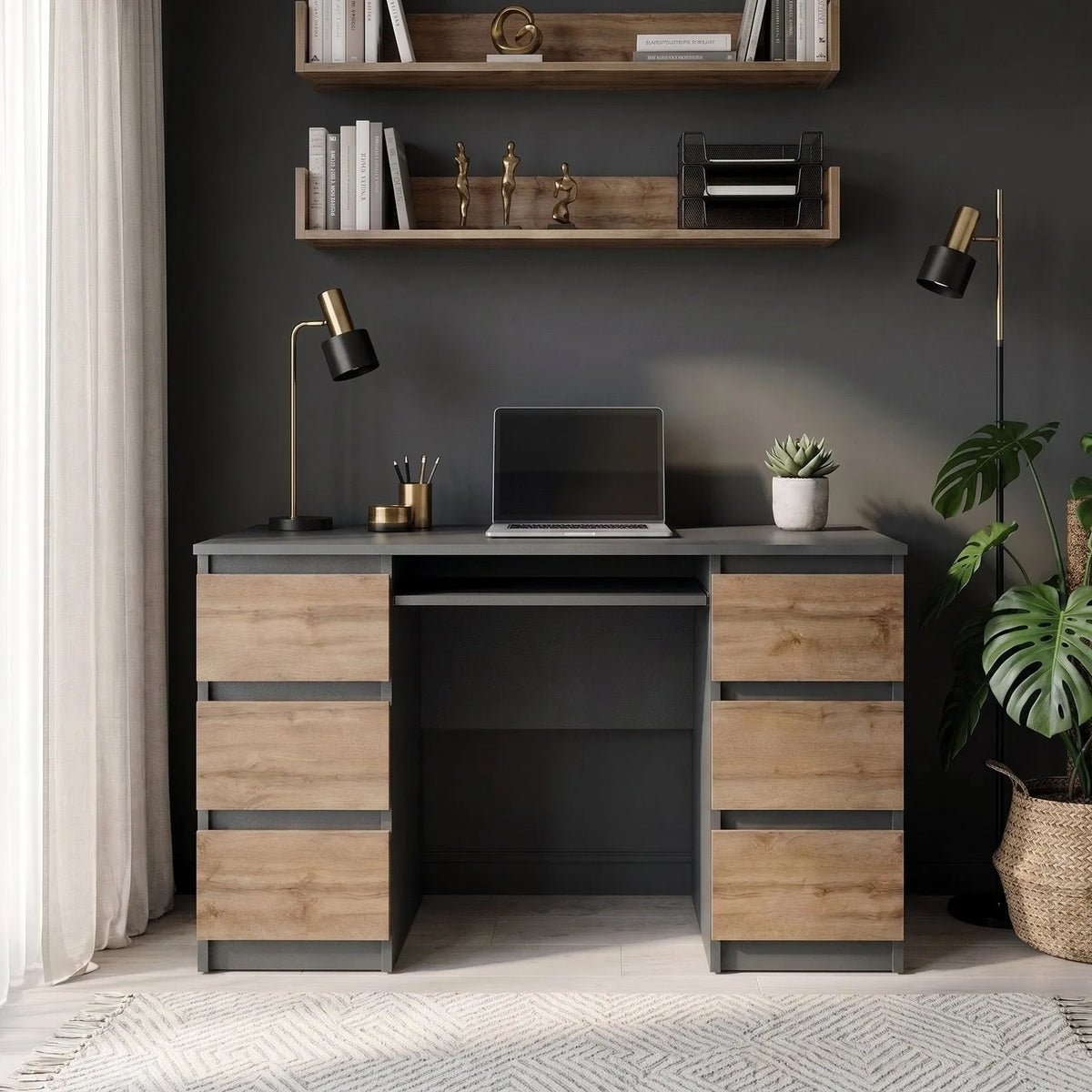 CUBA - Schreibtisch mit 6 Schubladen und Tastaturablage 130cm - Anthrazit Grau / Wotan Eiche – Furnica