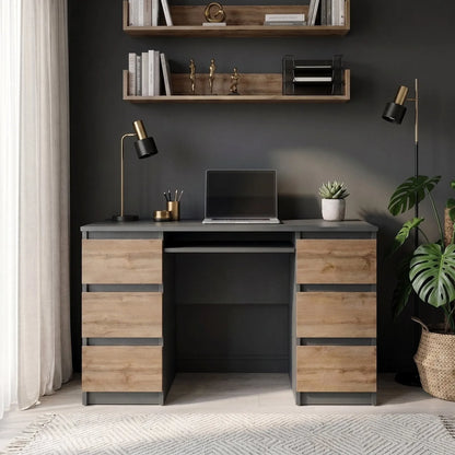 CUBA - Schreibtisch mit 6 Schubladen und Tastaturablage 130cm - Anthrazit Grau / Wotan Eiche – Furnica