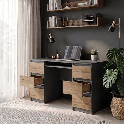 CUBA - Schreibtisch mit 6 Schubladen und Tastaturablage 130cm - Anthrazit Grau / Wotan Eiche – Furnica