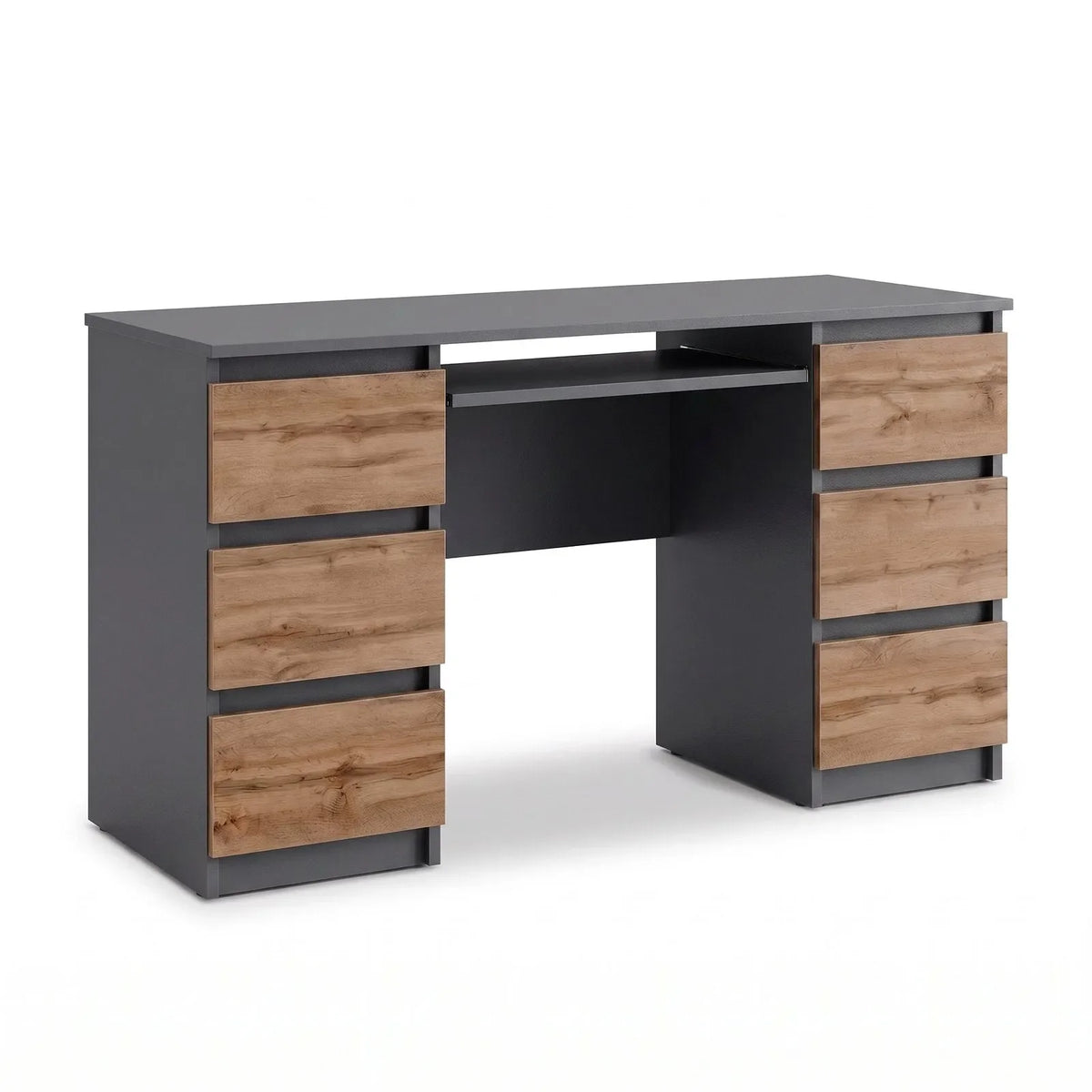 CUBA - Schreibtisch mit 6 Schubladen und Tastaturablage 130cm - Anthrazit Grau / Wotan Eiche – Furnica