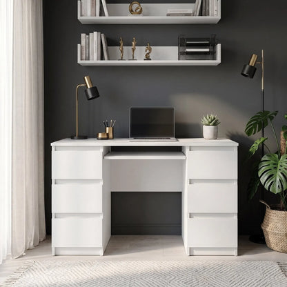 CUBA - Schreibtisch mit 6 Schubladen und Tastaturablage 130cm - Weiß Matt – Furnica