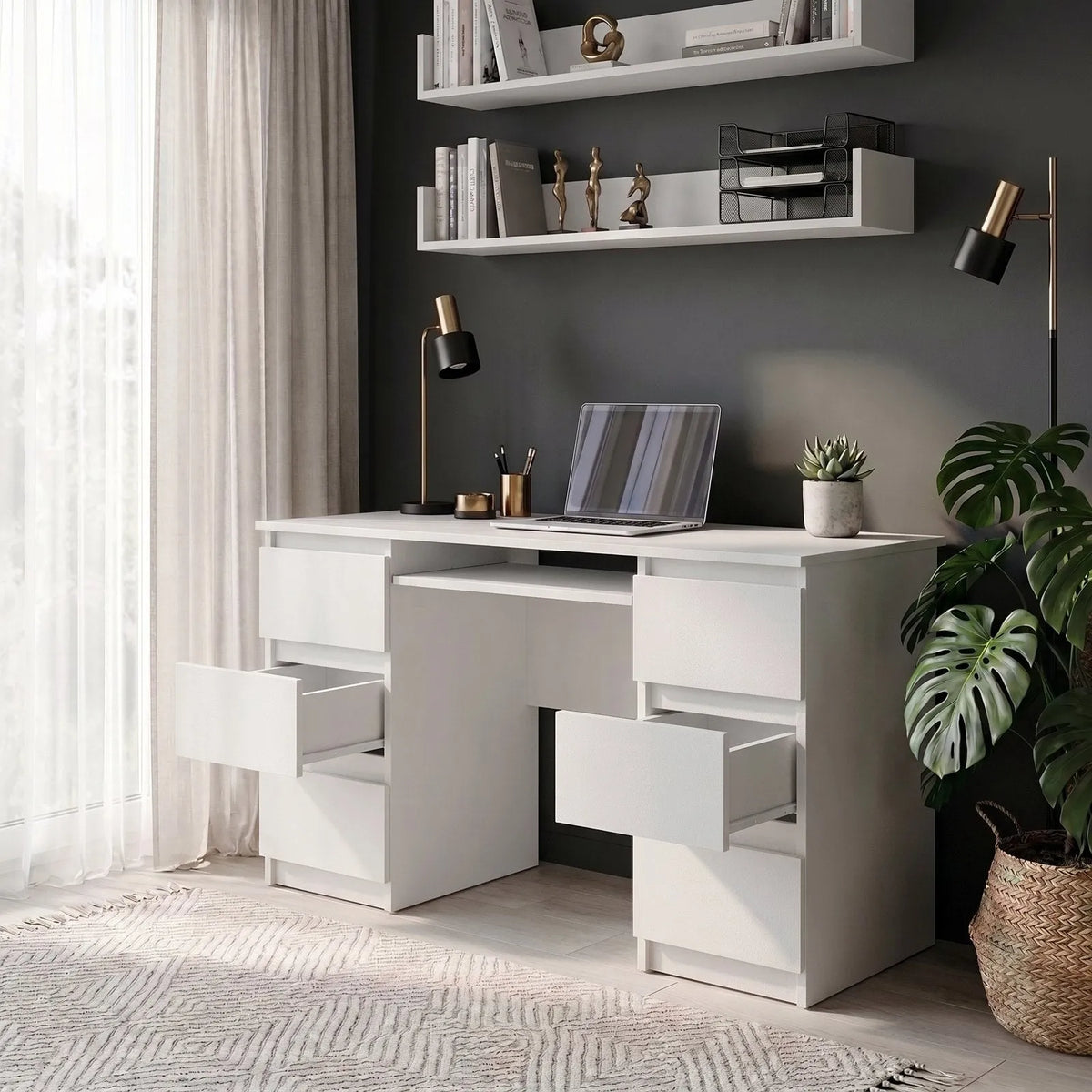 CUBA - Schreibtisch mit 6 Schubladen und Tastaturablage 130cm - Weiß Matt – Furnica