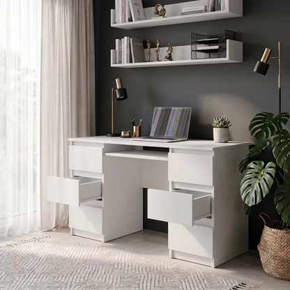 CUBA - Schreibtisch mit 6 Schubladen und Tastaturablage 130cm - Weiß Matt – Furnica