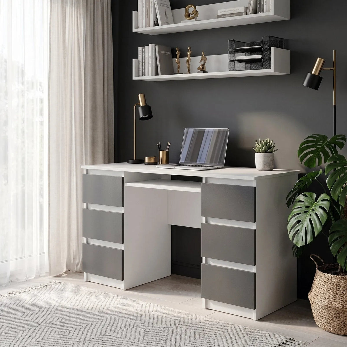 CUBA - Schreibtisch mit 6 Schubladen und Tastaturablage 130cm - Weiß Matt / Anthrazit Grau – Furnica