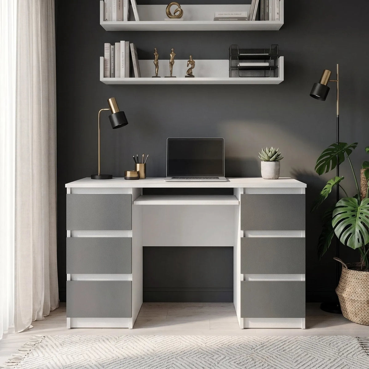 CUBA - Schreibtisch mit 6 Schubladen und Tastaturablage 130cm - Weiß Matt / Anthrazit Grau – Furnica