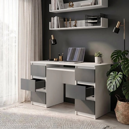 CUBA - Schreibtisch mit 6 Schubladen und Tastaturablage 130cm - Weiß Matt / Anthrazit Grau – Furnica