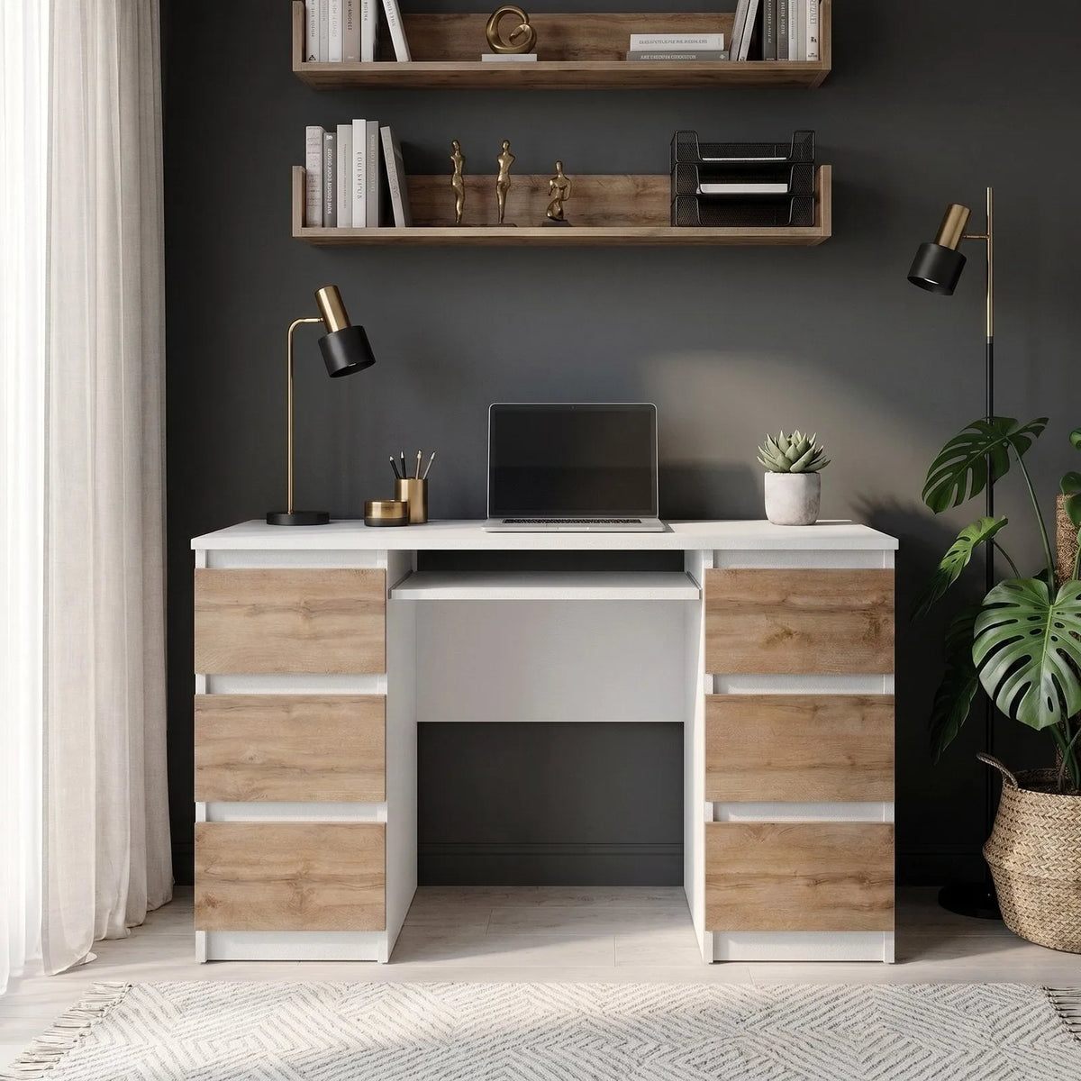 CUBA - Schreibtisch mit 6 Schubladen und Tastaturablage 130cm - Weiß Matt / Wotan Eiche – Furnica