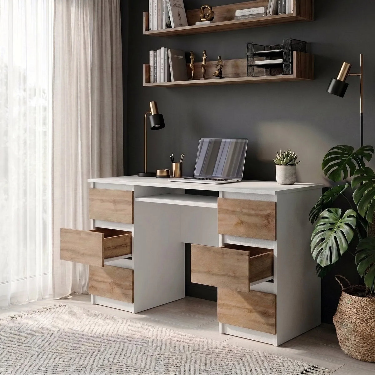 CUBA - Schreibtisch mit 6 Schubladen und Tastaturablage 130cm - Weiß Matt / Wotan Eiche – Furnica