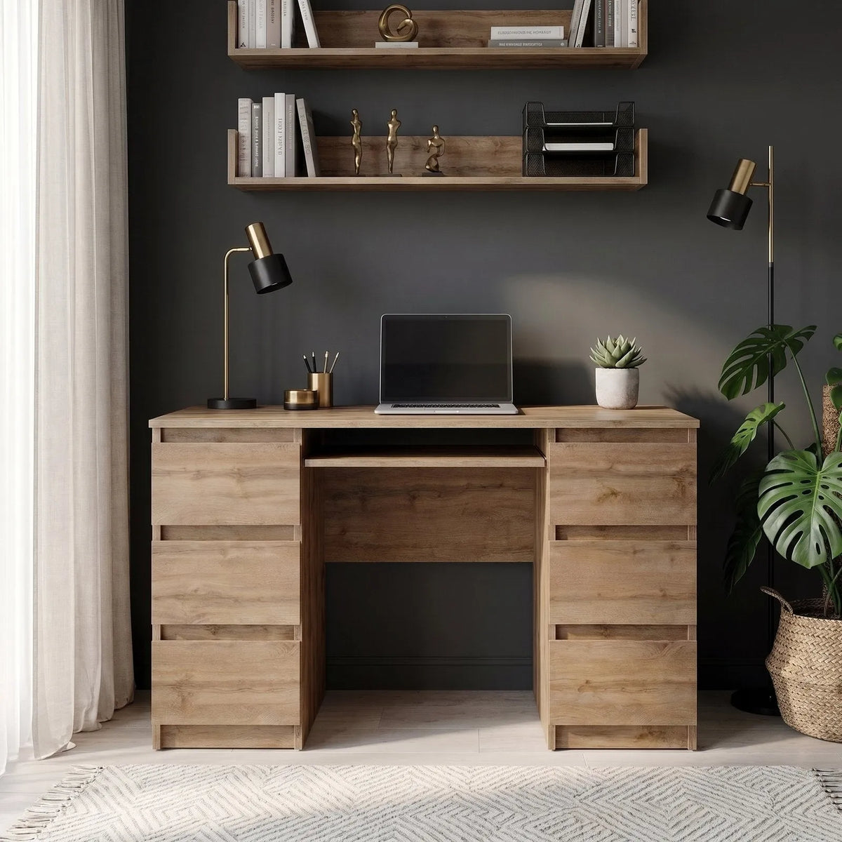 CUBA - Schreibtisch mit 6 Schubladen und Tastaturablage 130cm - Wotan Eiche – Furnica