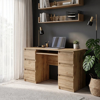 CUBA - Schreibtisch mit 6 Schubladen und Tastaturablage 130cm - Wotan Eiche – Furnica