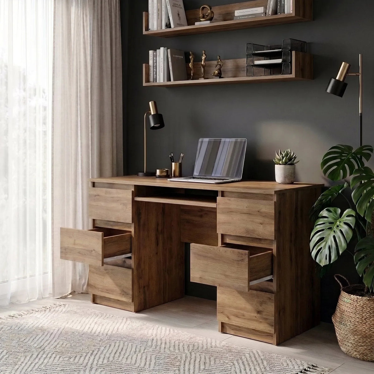 CUBA - Schreibtisch mit 6 Schubladen und Tastaturablage 130cm - Wotan Eiche – Furnica