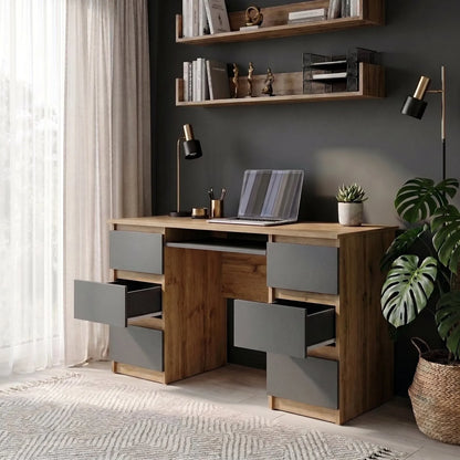 CUBA - Schreibtisch mit 6 Schubladen und Tastaturablage 130cm - Wotan Eiche / Anthrazit Grau – Furnica