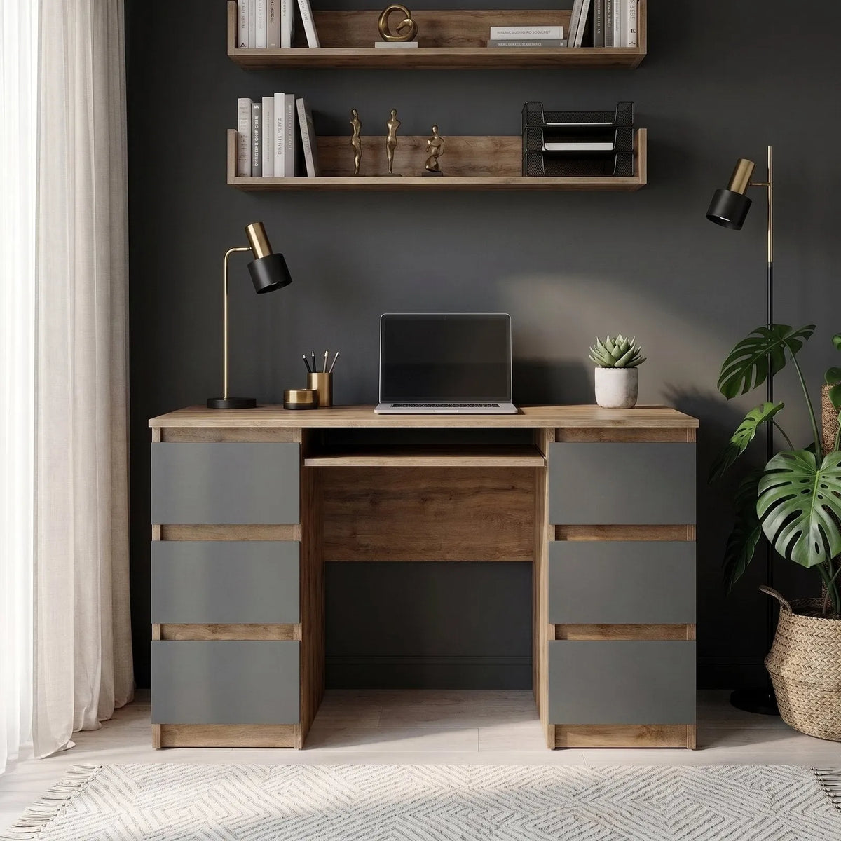 CUBA - Schreibtisch mit 6 Schubladen und Tastaturablage 130cm - Wotan Eiche / Anthrazit Grau – Furnica
