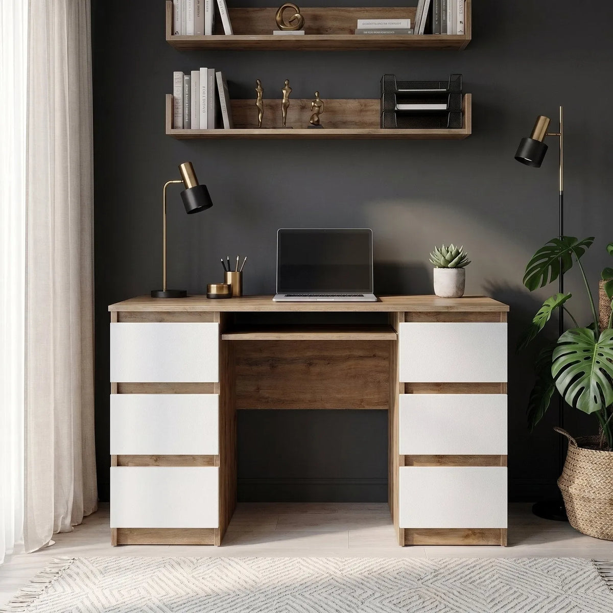 CUBA - Schreibtisch mit 6 Schubladen und Tastaturablage 130cm - Wotan Eiche / Weiß Matt – Furnica