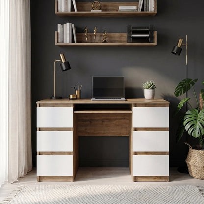 CUBA - Schreibtisch mit 6 Schubladen und Tastaturablage 130cm - Wotan Eiche / Weiß Matt – Furnica