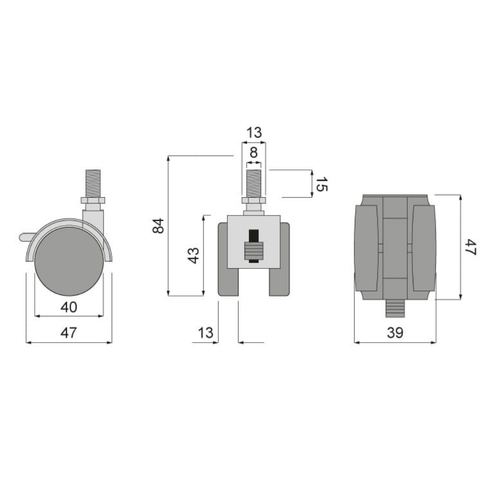 Möbel-Kunststoff-Drehrad mit Gewinde 8mm mit Bremse - Ø40mm
