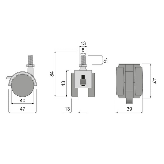Möbel-Kunststoff-Drehrad mit Gewinde 8mm mit Bremse - Ø40mm