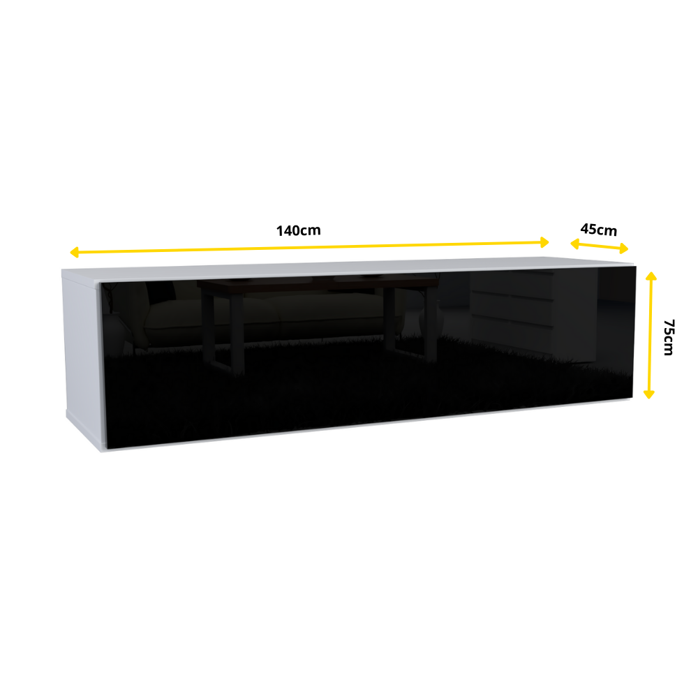 NICOLE - TV-Lowboard mit breiter Tür - Weiß Matt / Schwarz Gloss H38cm B140cm T35cm