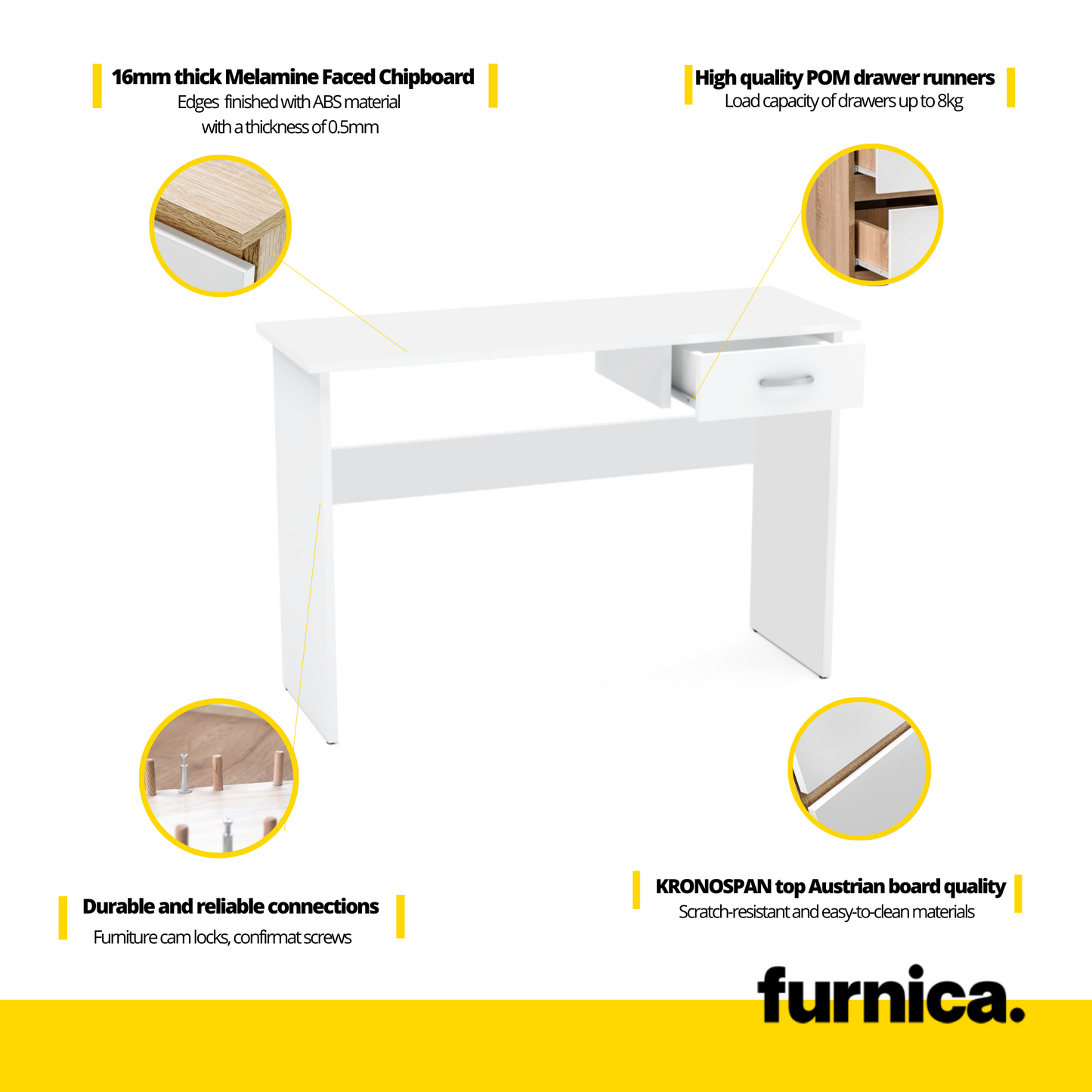 LEON - Schreibtisch mit 1 Schublade H75cm B100cm T40cm - Weiß Matt