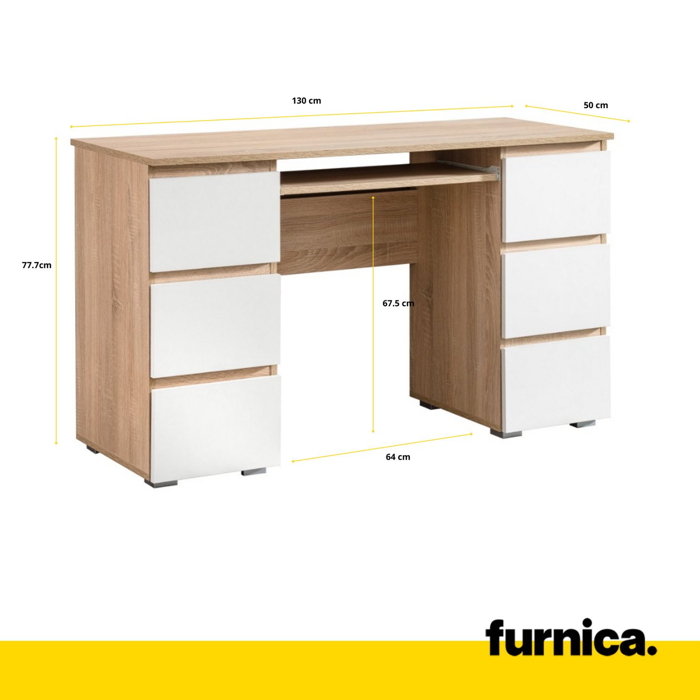 CUBA - Schreibtisch mit 6 Push to Open Schubladen und Tastaturablage H78cm B130cm T50cm - Sonoma Eiche / Weiß Matt