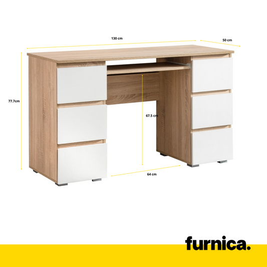 CUBA - Schreibtisch mit 6 Push to Open Schubladen und Tastaturablage H78cm B130cm T50cm - Sonoma Eiche / Weiß Matt