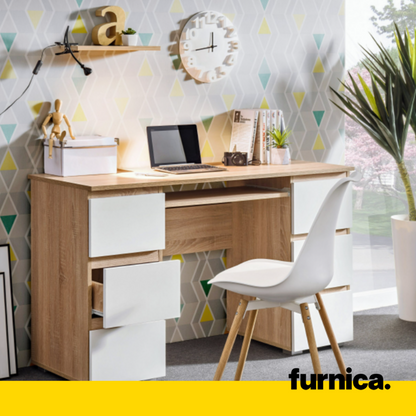 CUBA - Schreibtisch mit 6 Push to Open Schubladen und Tastaturablage H78cm B130cm T50cm - Sonoma Eiche / Weiß Matt