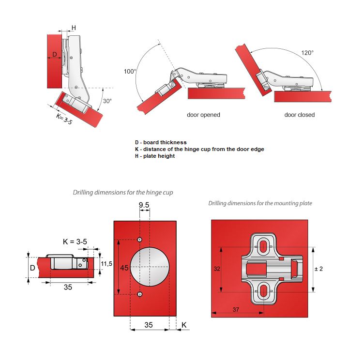 +30º Soft-Close Topfband, H2 Montageplatte mit EURO Schrauben für Eckschränke Gedämpft Furnica 