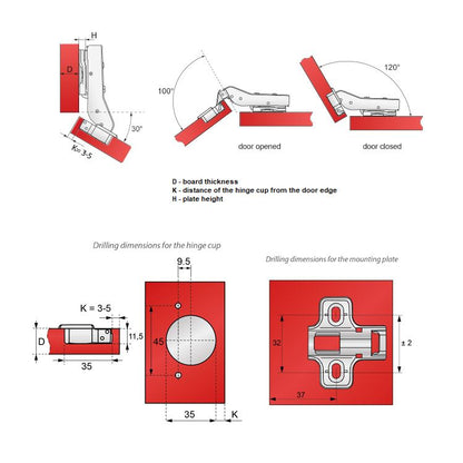 +30º Soft-Close Topfband, H2 Montageplatte mit EURO Schrauben für Eckschränke Gedämpft Furnica 