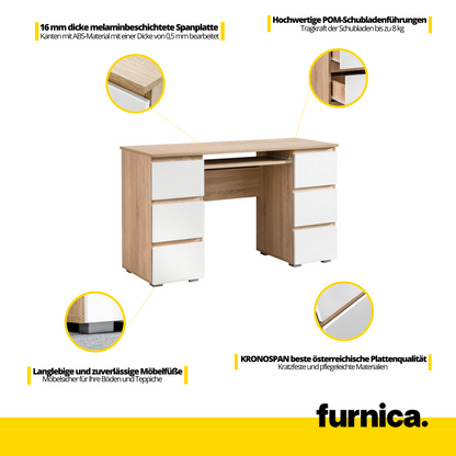 CUBA - Schreibtisch mit 6 Push to Open Schubladen und Tastaturablage H78cm B130cm T50cm - Sonoma Eiche / Weiß Matt