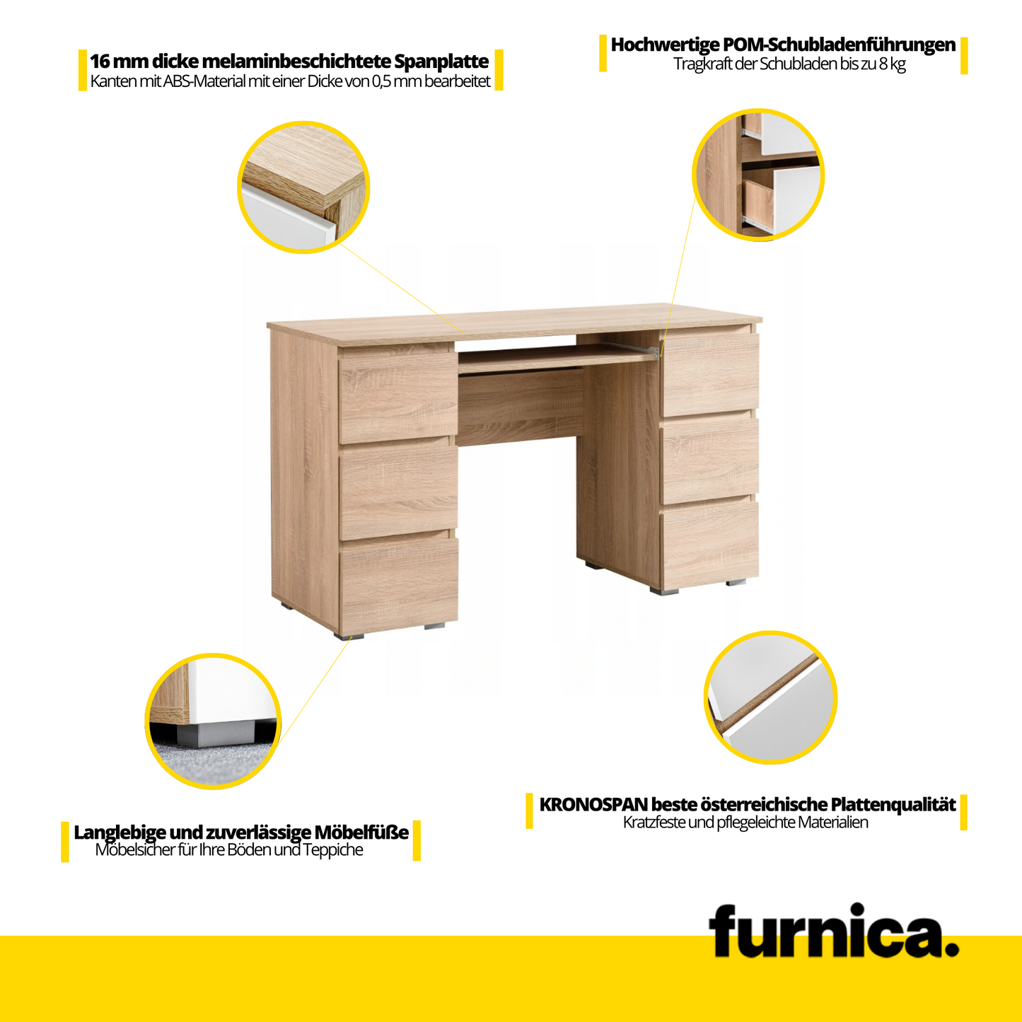 CUBA - Schreibtisch mit 6 Push to Open Schubladen und Tastaturablage H78cm B130cm T50cm - Sonoma Eiche