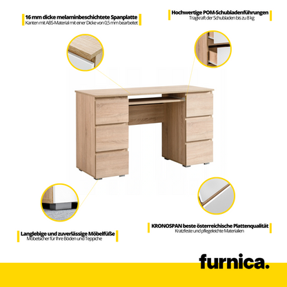 CUBA - Schreibtisch mit 6 Push to Open Schubladen und Tastaturablage H78cm B130cm T50cm - Sonoma Eiche