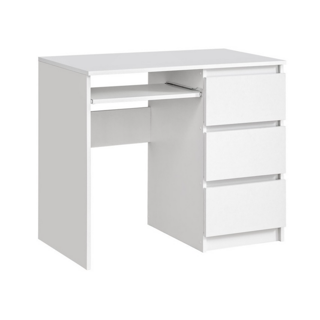 BRUNO - Schreibtisch mit 3 Schubladen und Tastaturablage H76cm B90cm T50cm Rechts - Weiß Matt