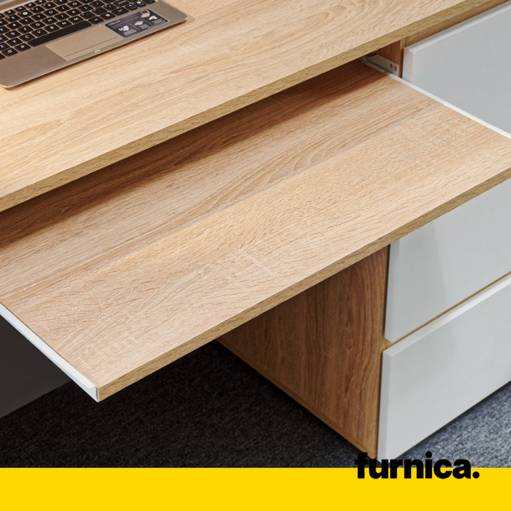 BRUNO - Schreibtisch mit 3 Schubladen und Tastaturablage H76cm B90cm T50cm Links - Sonoma Eiche