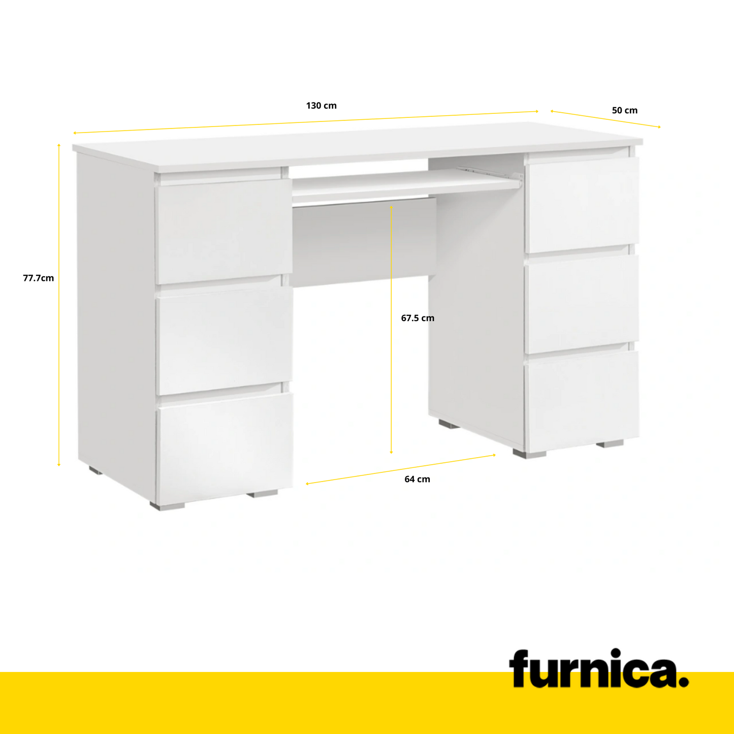 CUBA - Schreibtisch mit 6 Push to Open Schubladen und Tastaturablage H78cm B130cm T50cm - Weiß Matt